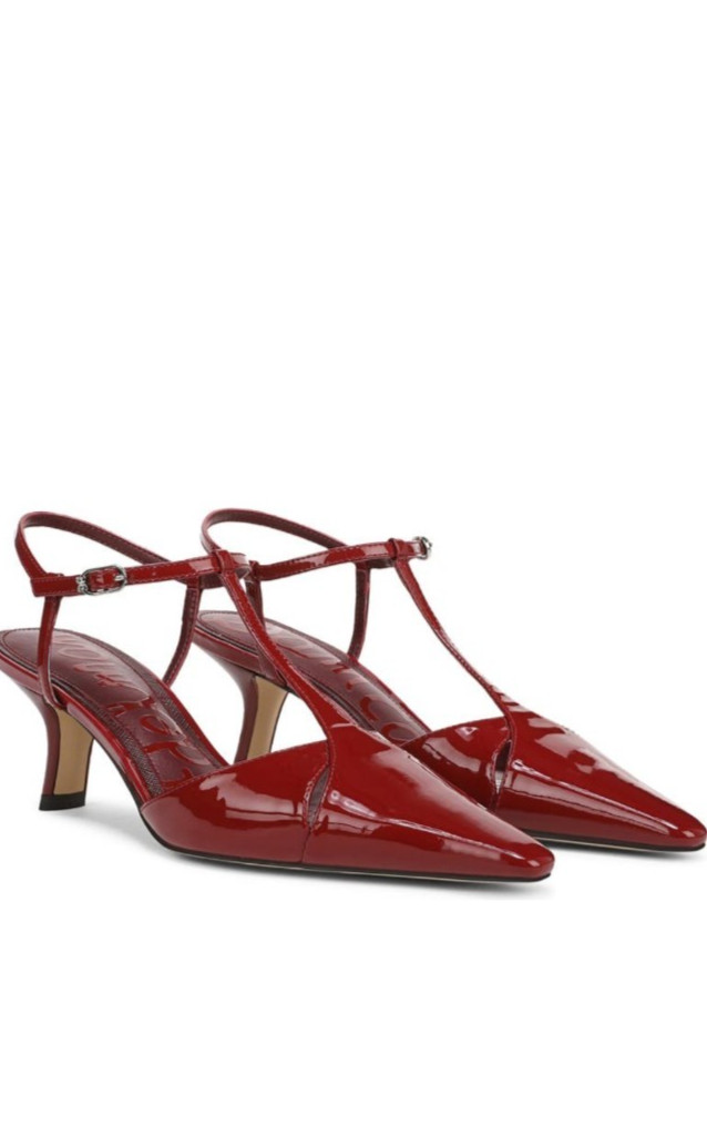 Sam Edelman Patent Leather Red Strappy Kitten Heels Pointed Toe Buckle