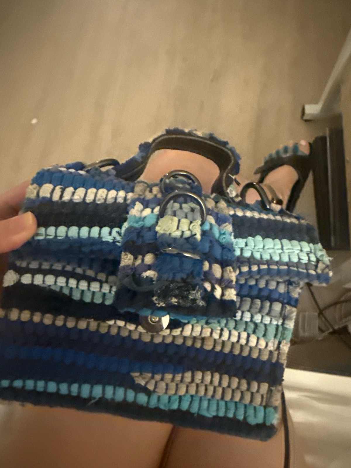 KOORELOO Upcycled Blue Multicolor Woven Top-Handle Bag