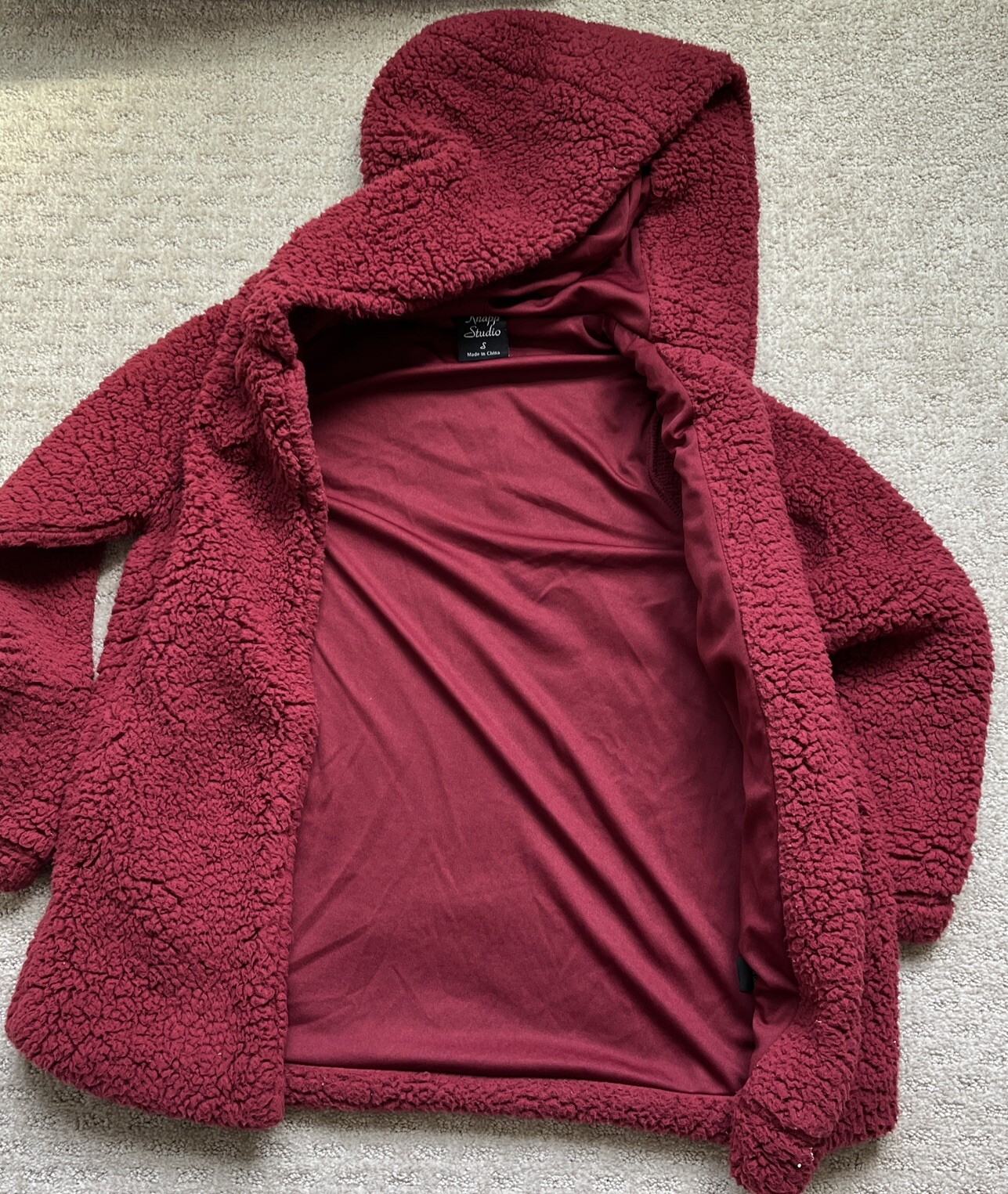 Hooded Cardigan Faux Sherling Open Front Soft Jacket Burgundy Small Pockets