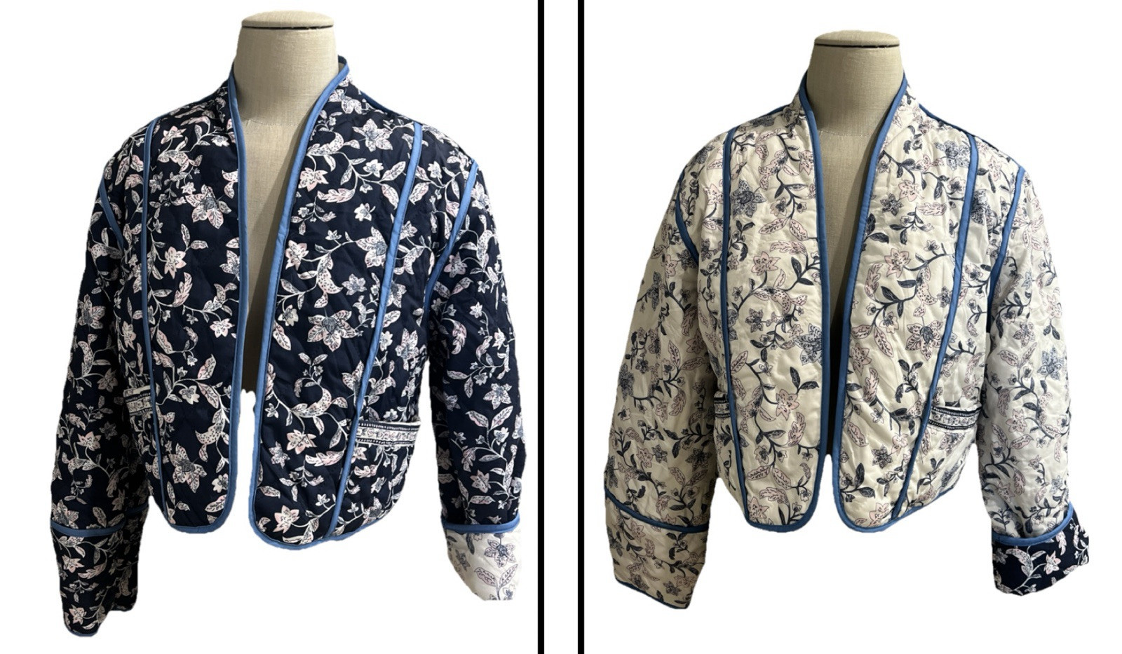 Reversible Quilted Jacket Cropped Sz MED* Navy Blue Floral Ivory/Pink