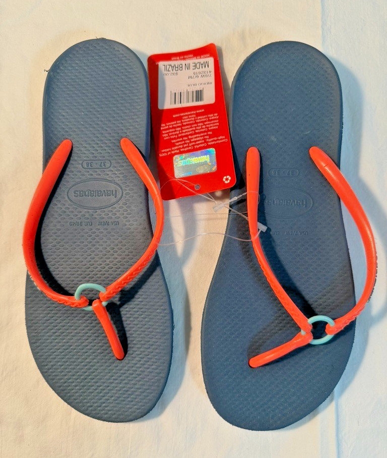 Havaianas Slim Flip Flops Indigo Blue Coral Women’s 7/8 EU 37/38 NWT Brazil