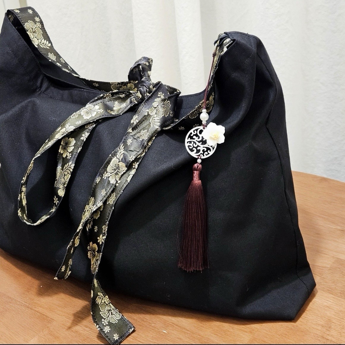 Korean Hanbok Traditional Style Shoulder Bag Eco Tote Norigae Charm Handmade