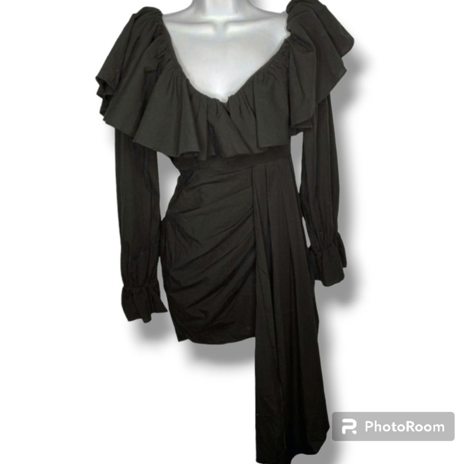 ASOS LUXE Size 0 Black Sexy Ruffled Off the Shoulder Ruched Bodycon Mini Dress