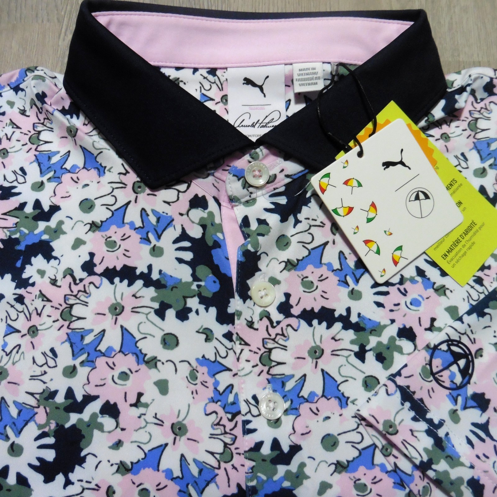 PUMA ARNOLD PALMER Mens M MEDIUM POLO SHIRT FLORAL WHITE GLOW DEEP NAVY GOLF AP