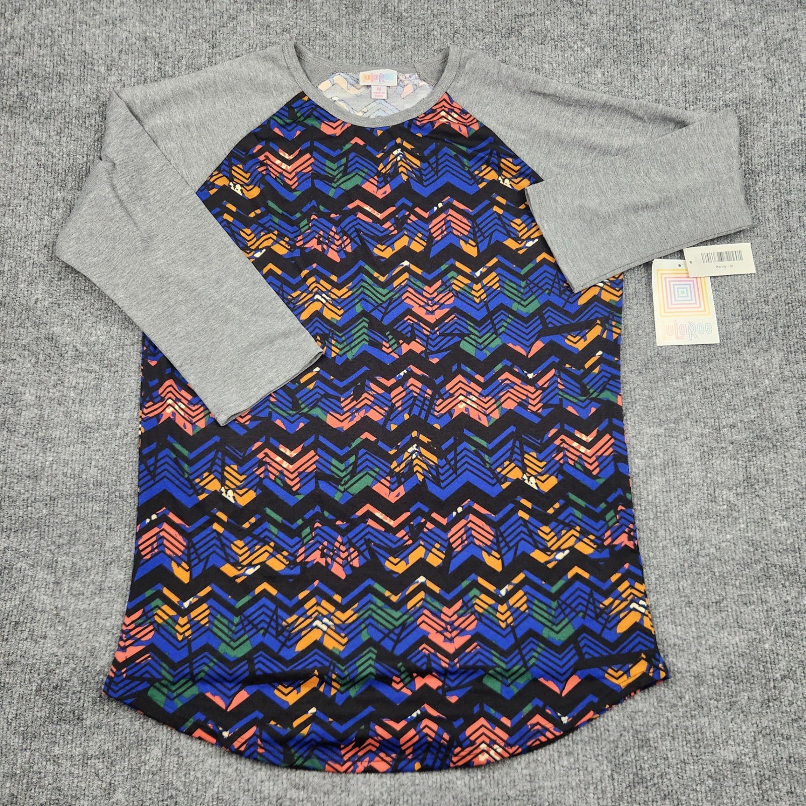LuLaRoe Randy Baseball Tee Womens Medium NWT Chevron Zigzag Raglan Grey Blue