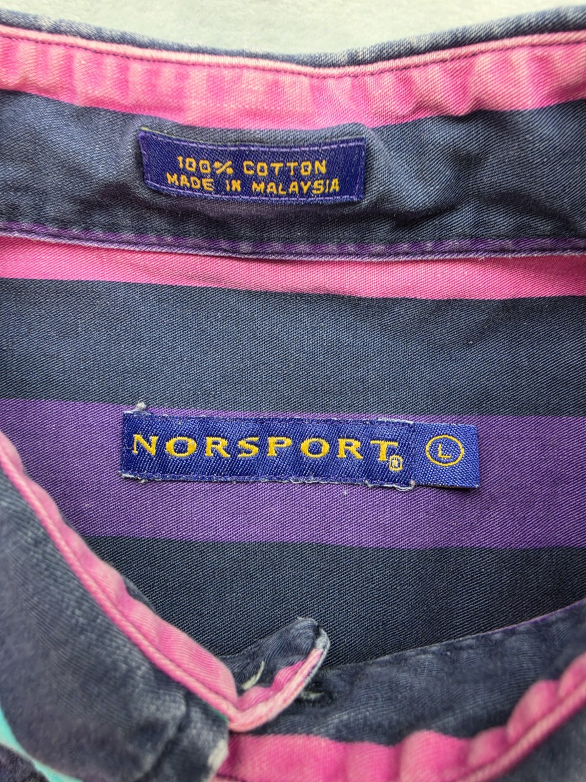 Norsport Button Down Shirt Rainbow Stripe Long Sleeve Cotton Large L Vintage