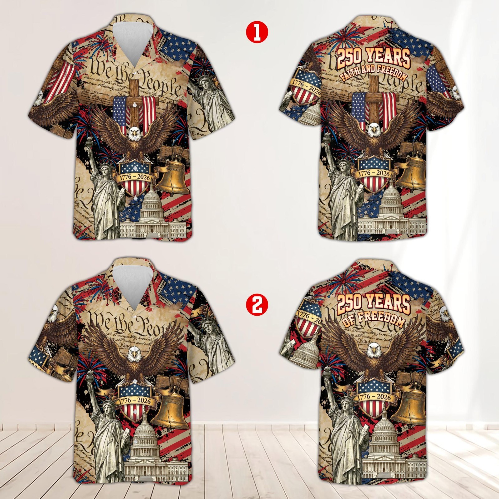 250 Years of Freedom Button Shirt, Retro America 250th Anniversary Hawaiian