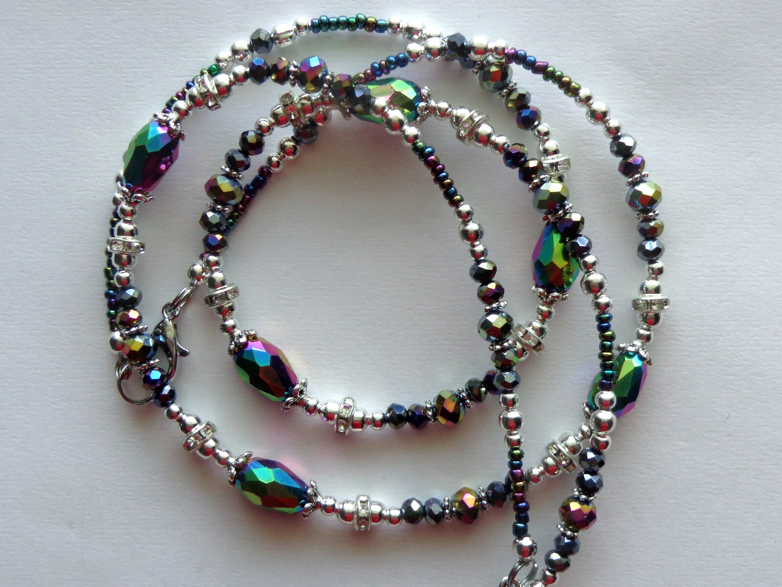 IRIS PURPLE TEARDROP CRYSTAL BEADS BEADED LANYARD ID BADGE HOLDER LOBSTER CLASP
