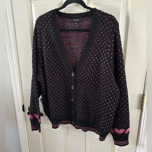 Torrid Sz 2 V Neck Button Front Heart Cardigan Sweater Pink Black Acrylic Blend