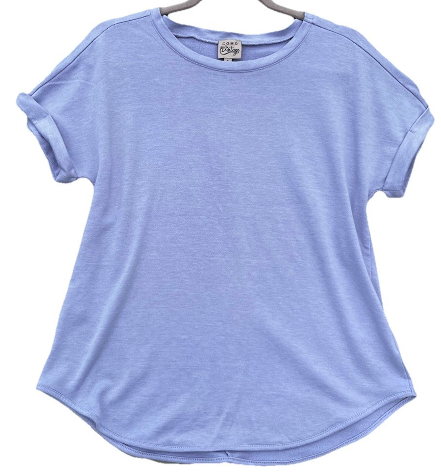 COMO Vintage Women’s S Periwinkle Knit Relaxed Fit Rolled Sleeve Round Neck Tee