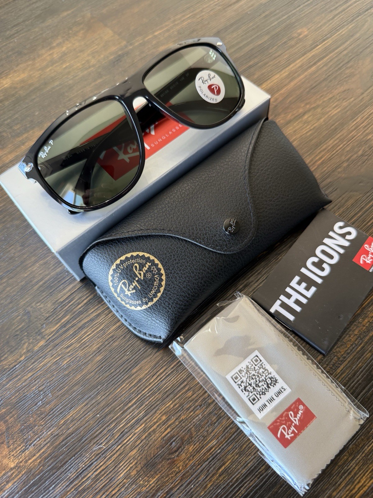RB4147 601/58 RayBan Boyfriend Black Frame Polarized Green Lens 60MM