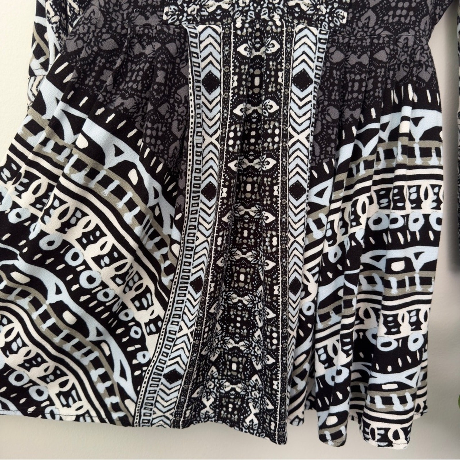Free People Tegan Border Print Mini Dress Long Bell Sleeves Cutout V-Neck A-Line