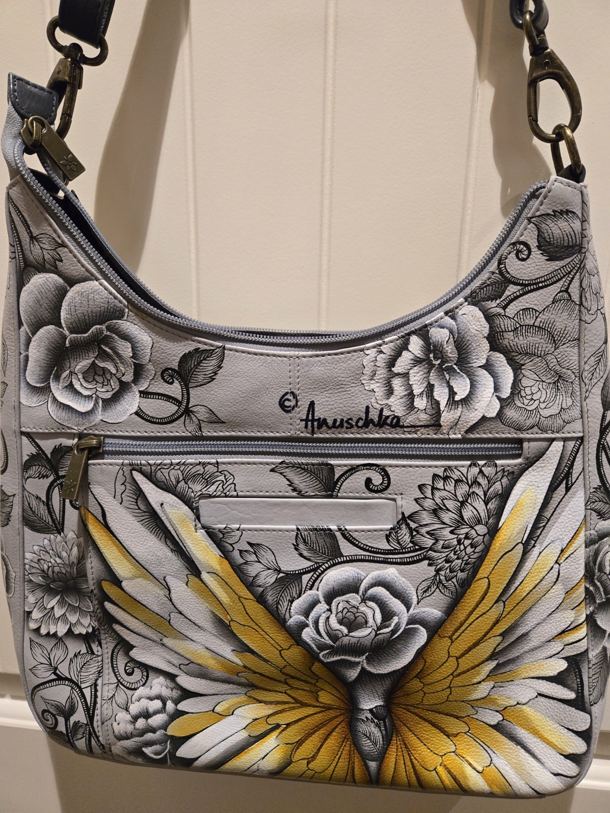 Signed Hand Painted Leather Anushka Hobo Bag-Guardian Angel Wing Design