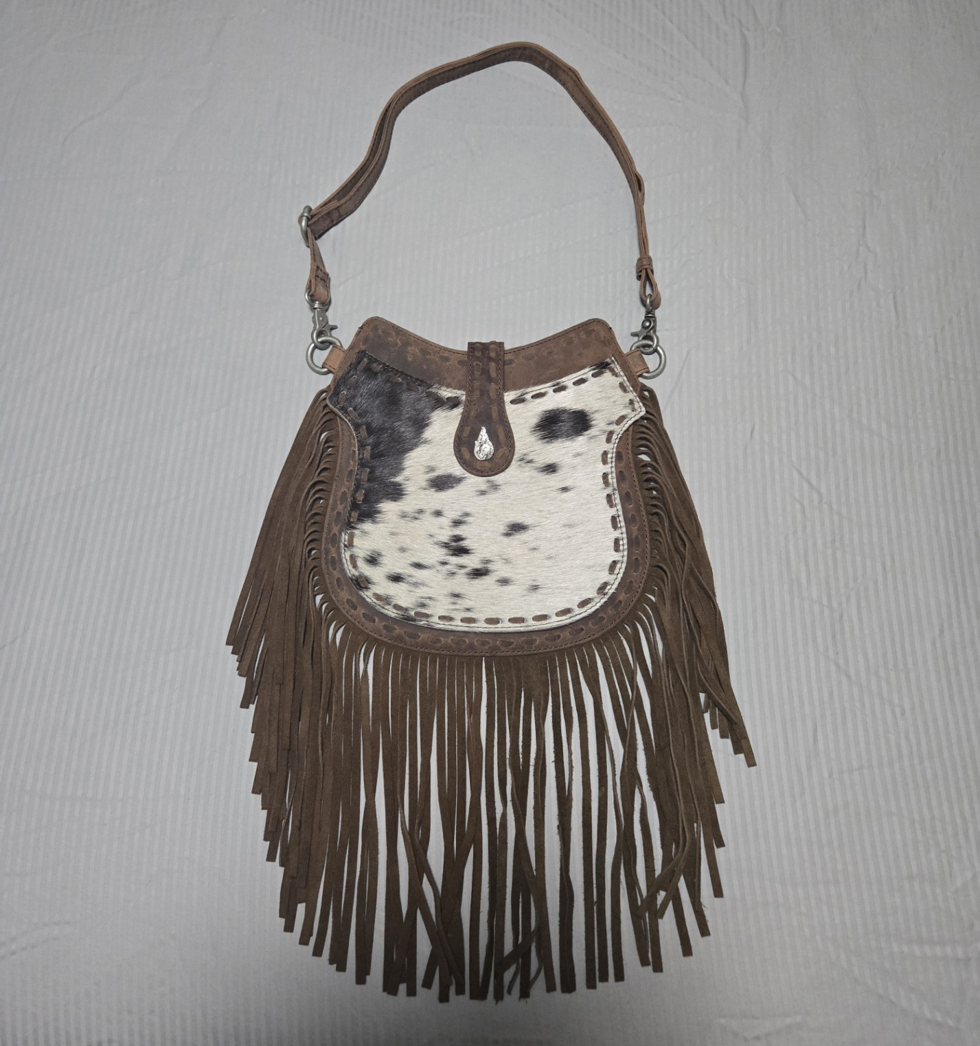 Myra Maverick Mist – Leather Fringe Hair-On Hide Crossbody Bag Snap Closure