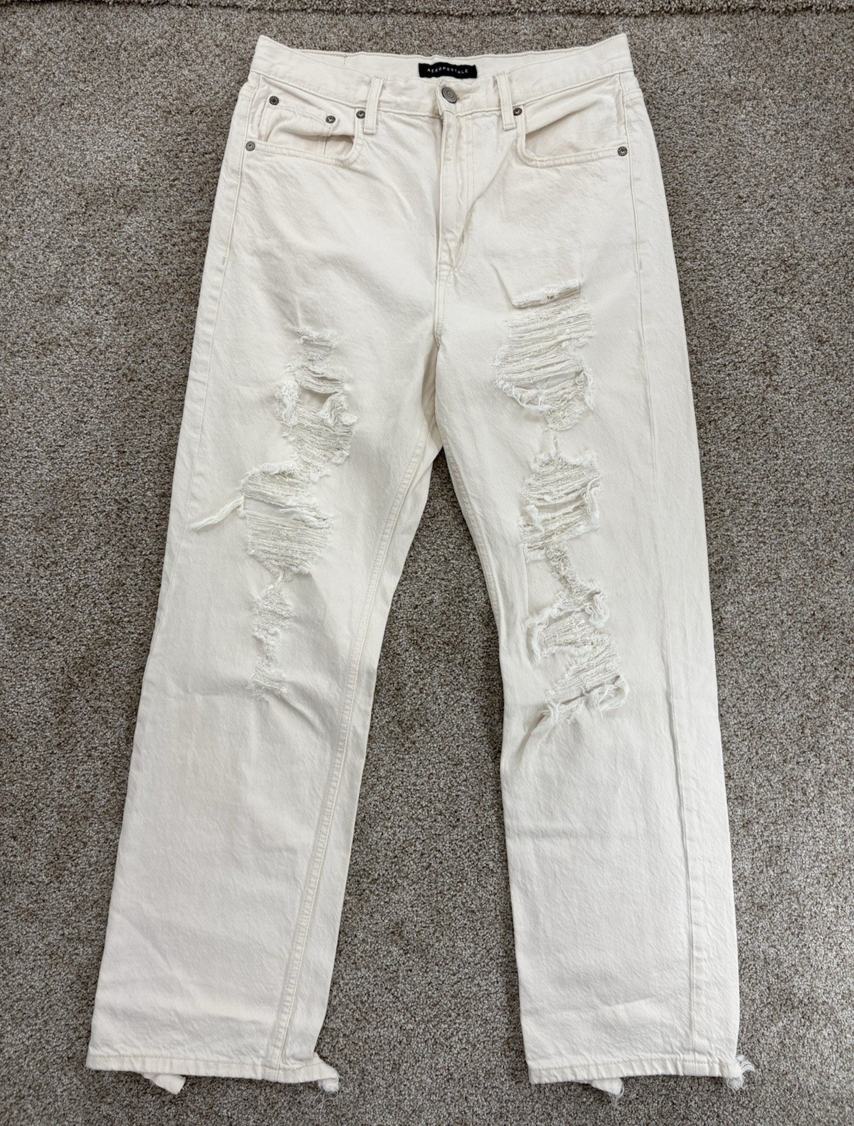 Aeropostale 90s Baggy Destruct Jeans Womens 10 Ecru Cream High Rise Cotton Denim
