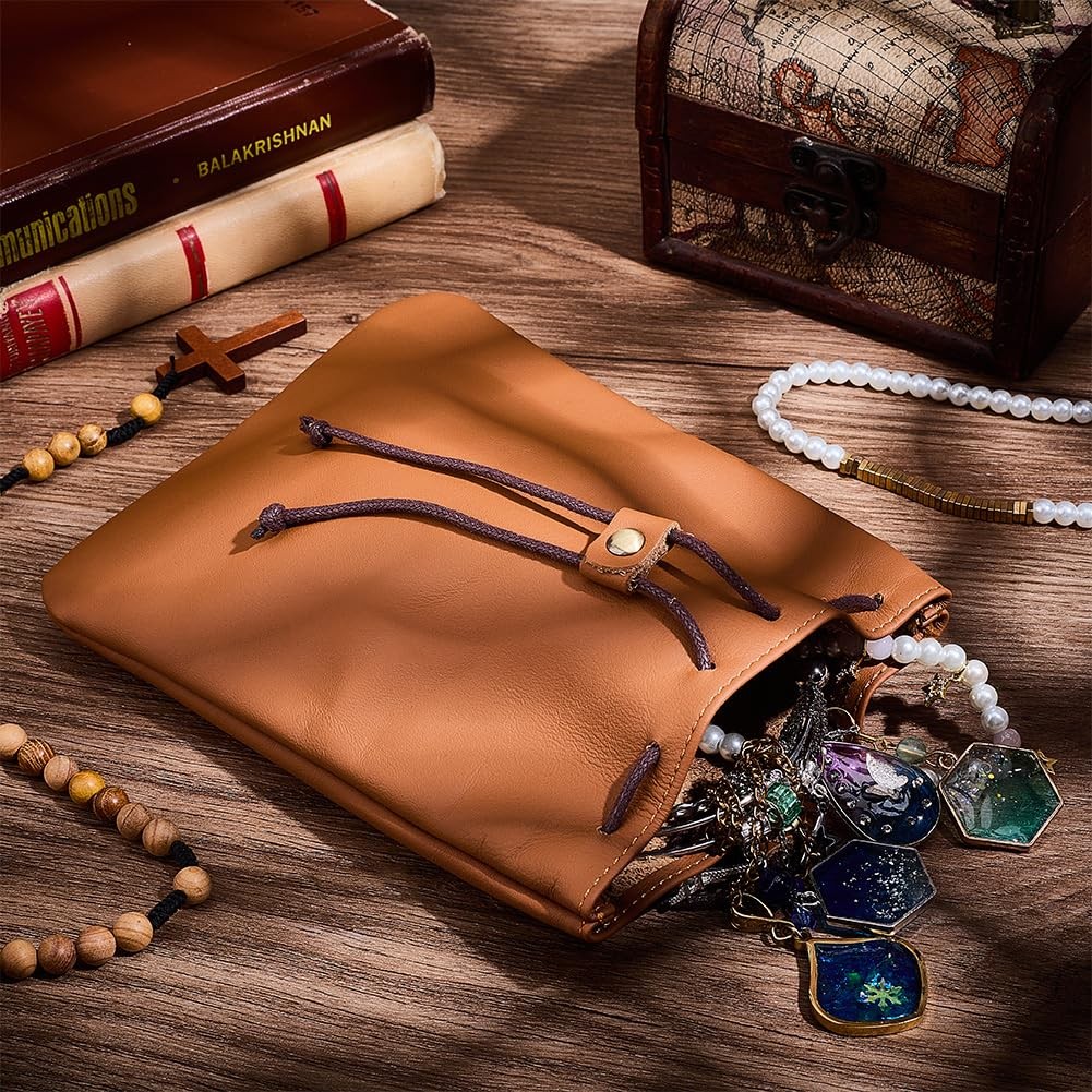 2Pcs Drawstring Leather Coin Pouches, 18x14cm Cowhide Leather Pouch Sandy Bro…