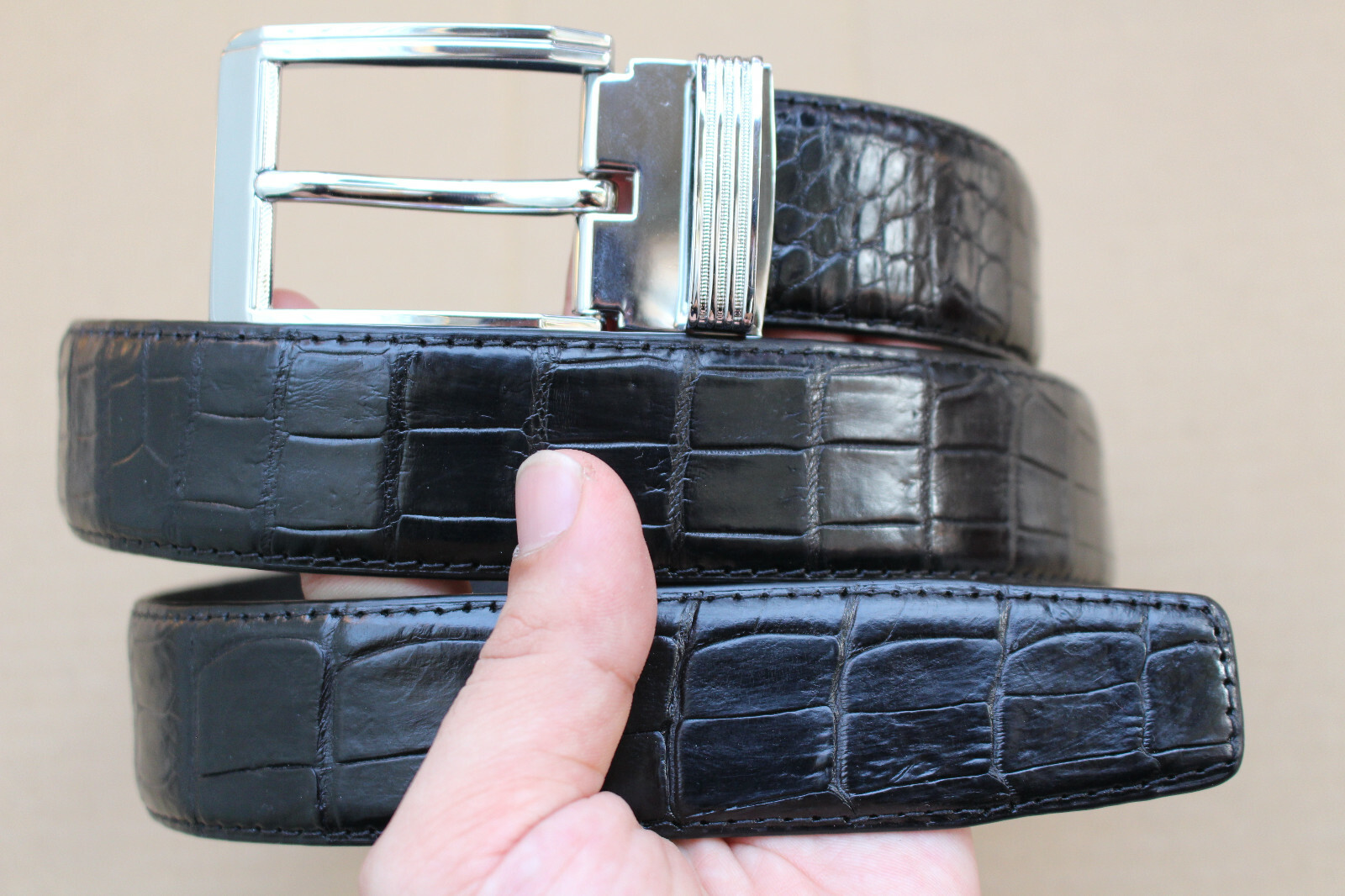 W 1.3 inch – Black Genuine Crocodile Belly Leather Skin Men’s Belt