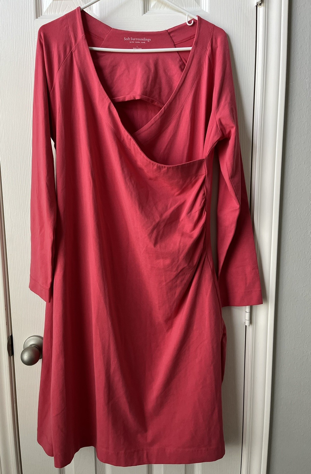 Soft Surroundings Wear Anywhere Dress Pink Faux Wrap 3/4 Sleeve Pullover Size L