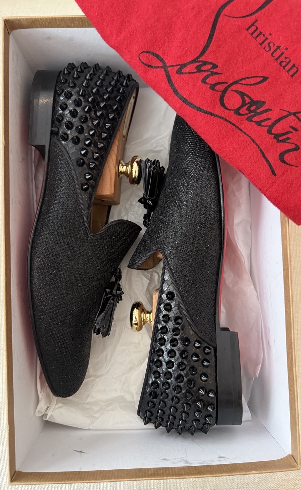 Christian Louboutin Dandelion Tassel Black Glitter Spike Mens Loafers Size 42