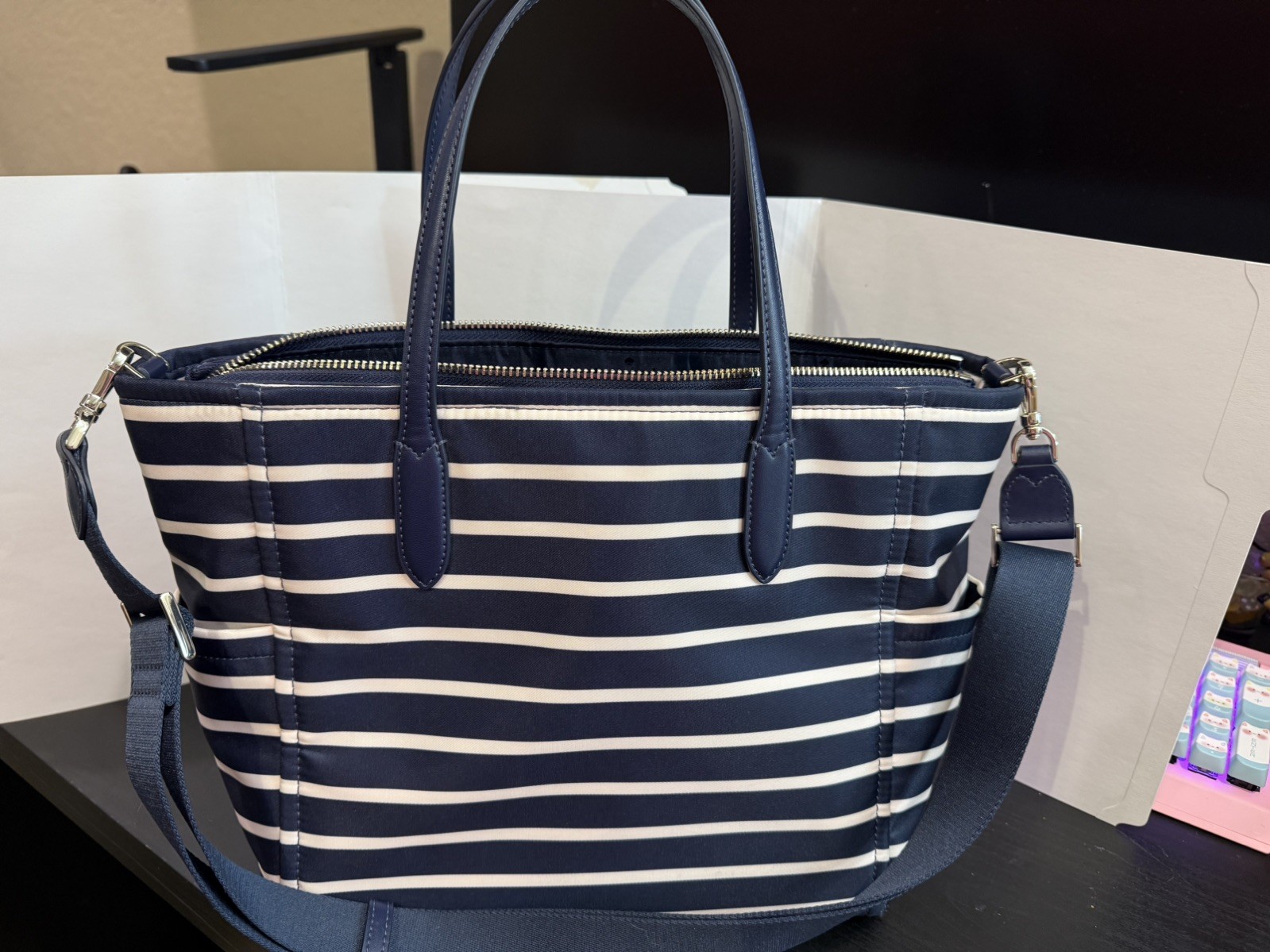 kate spade purse navy blue with white stripes gold hardware 10Wx8.5H