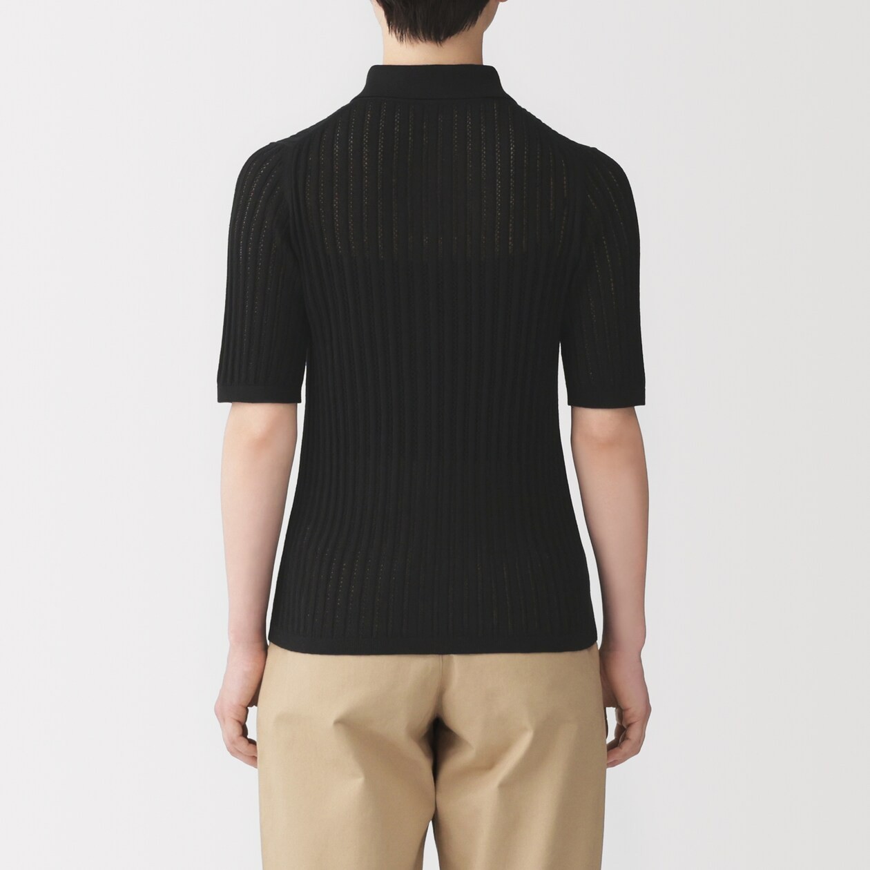 MUJI Smooth Ribbed See-through 1/2 Sleeve Polo Cardigan Smoky Blue FedEx