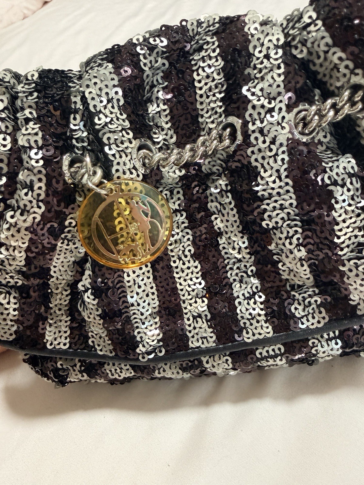 Henri Bendel Black & Silver Sequin Striped Clutch Chain Strap Purple Lining