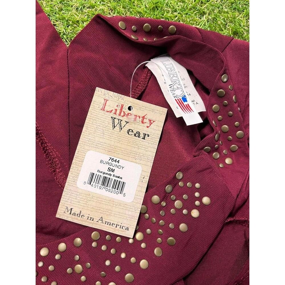 Liberty Wear Burgundy Studded V-Neck Top, Small, Made in USA