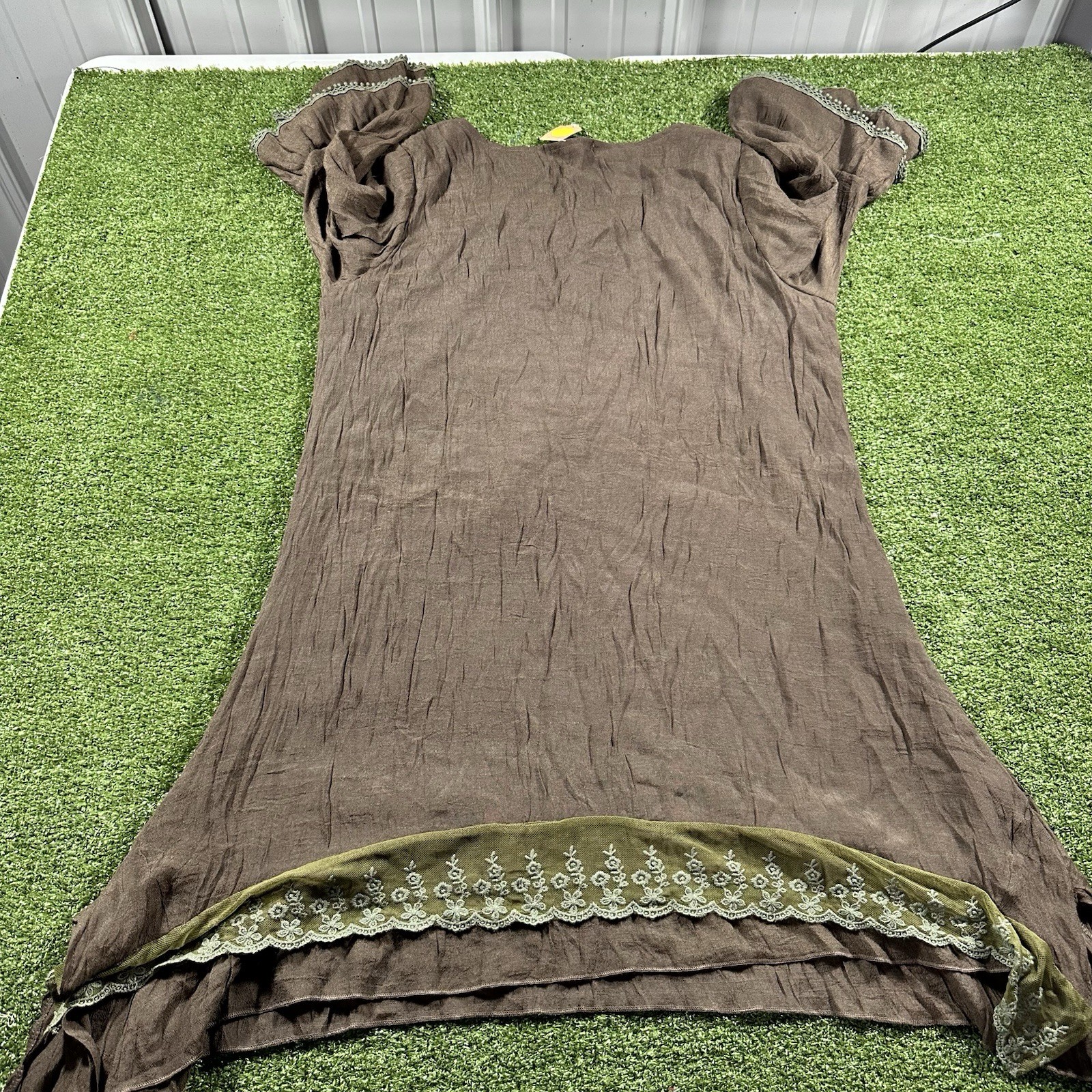 Adorn Brown Tunic with Bell Sleeves and Embroidered Lace Hem L