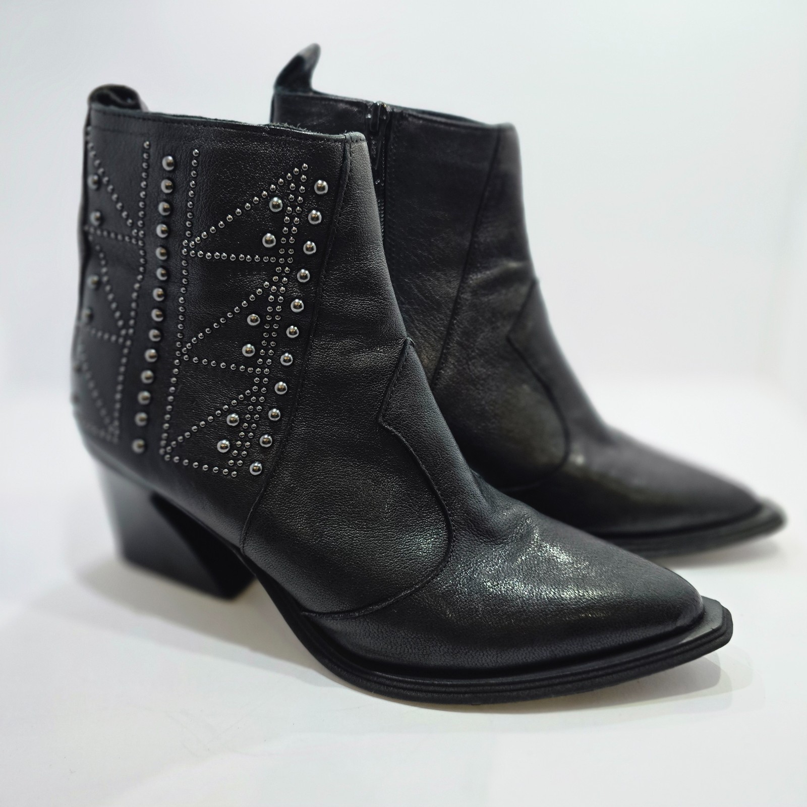 Emanuele Crasto Made in Italy Studded Western Ankle Boots Black Leather Point 38