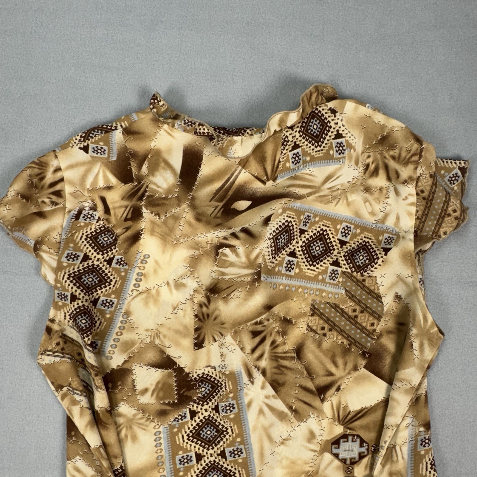Vtg Y2K Dress-U Sharon Boho Ruffle Blouse Size 12 Tan Geometric Eclectic