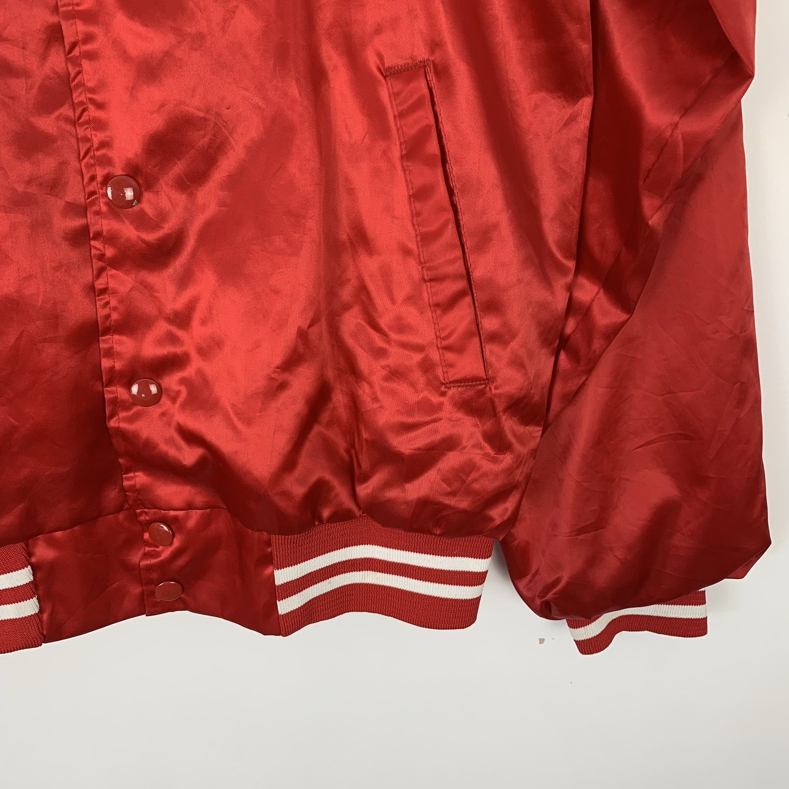 Vintage Satin Bomber Jacket Size Small Red USA Company Truck Logo American Retro