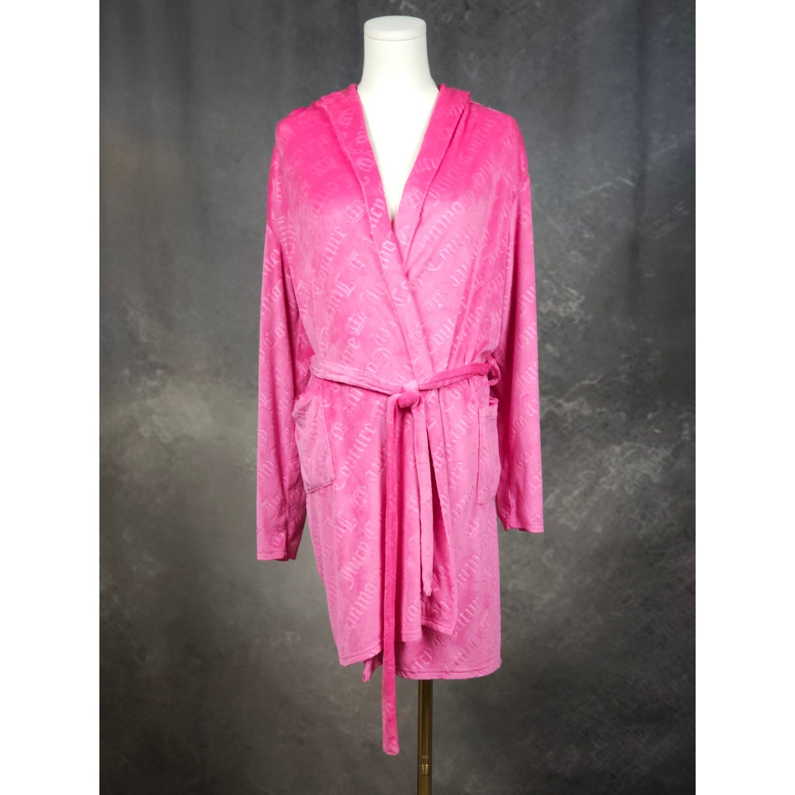 Juicy Couture Y2K McBling Hooded Velour Robe Rhinestone Logo Pink S/M New