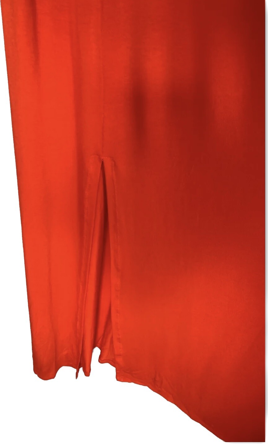 Very Red Jersey Maxi Dress Smocking & Front Split UK 16 Flutter Sleeve Stretch