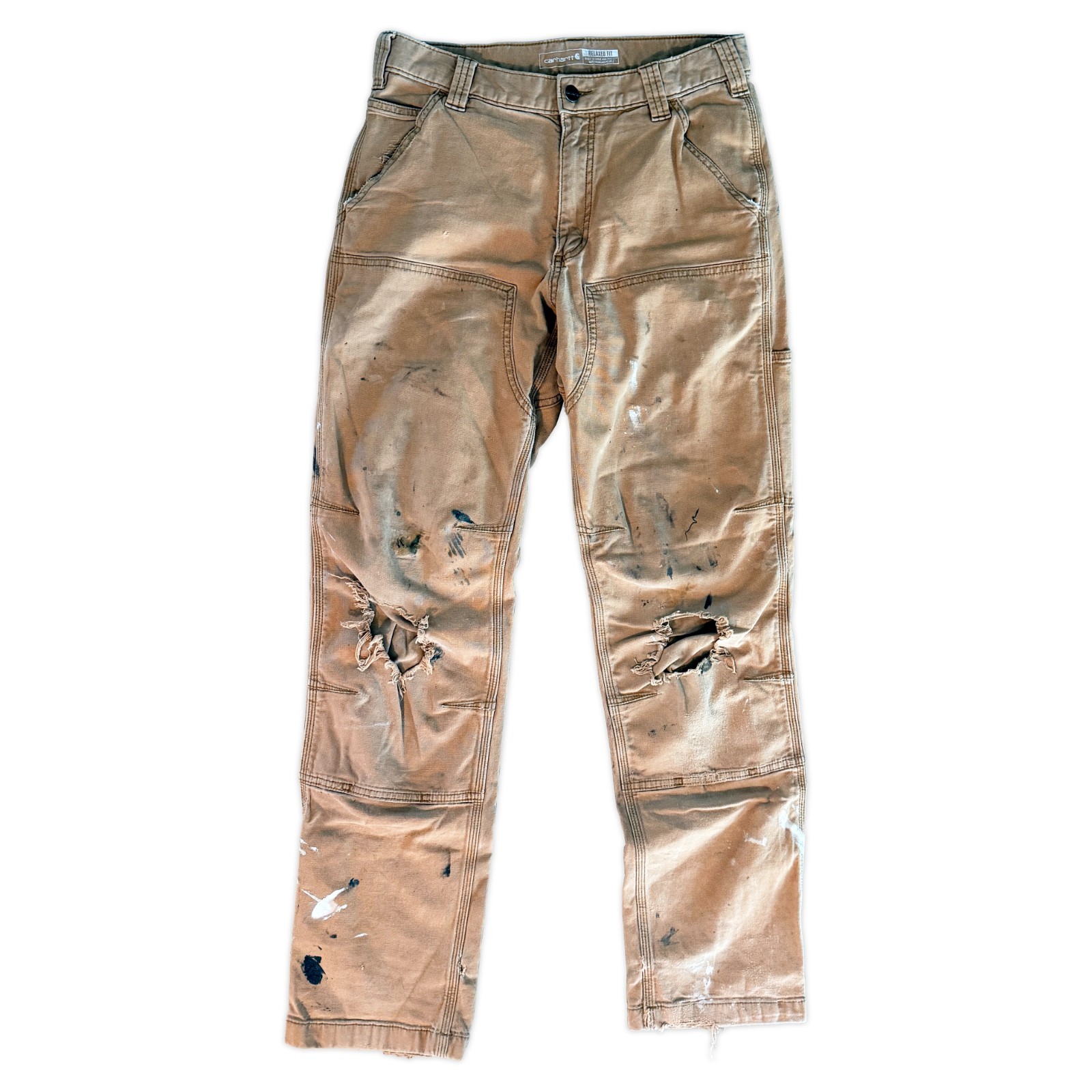 Carhartt 102802 Double Front Duck Utility Work Pants Mens 31×34 Brown Distressed