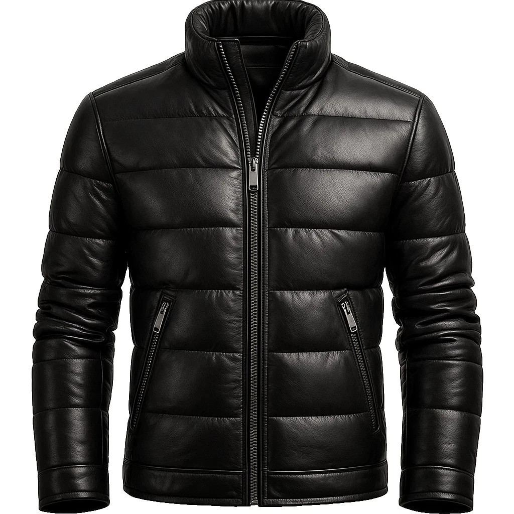 Men’s Genuine Leather Puffer Jacket Black Winter Quilted Zip-Up Warm Coat
