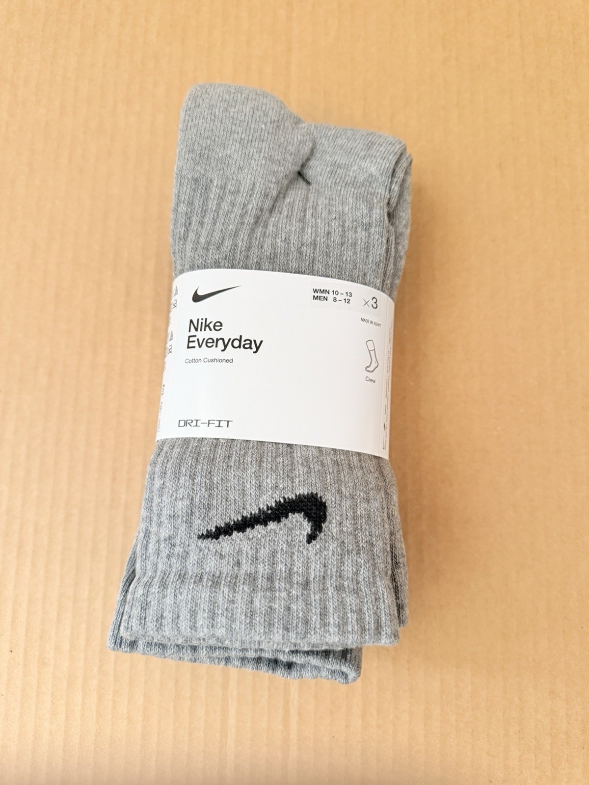 Nike Everyday Cotton Cushioned Dri- Fit Crew Socks 3 Pairs Gray Size L (8-12)