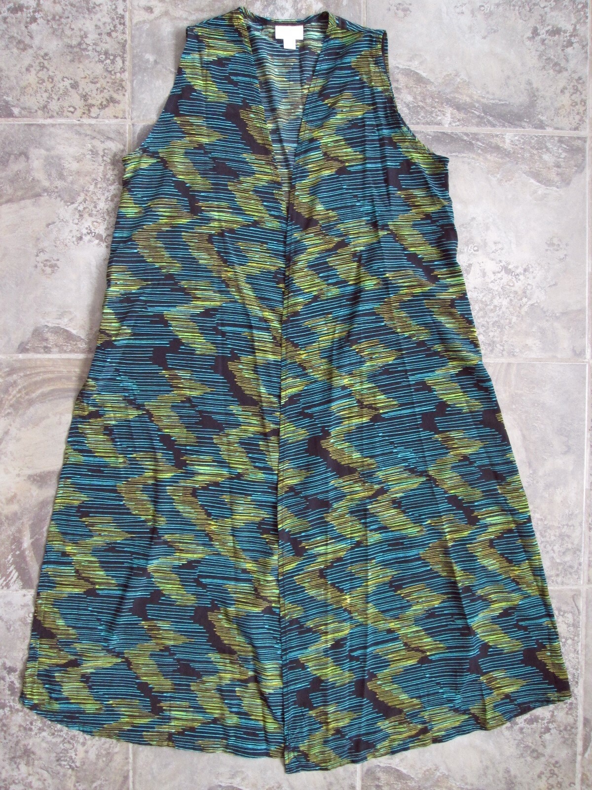 NWT Lularoe Joy Small Long Vest Duster Black Yellow Green Blue Zig-Zag Breezy