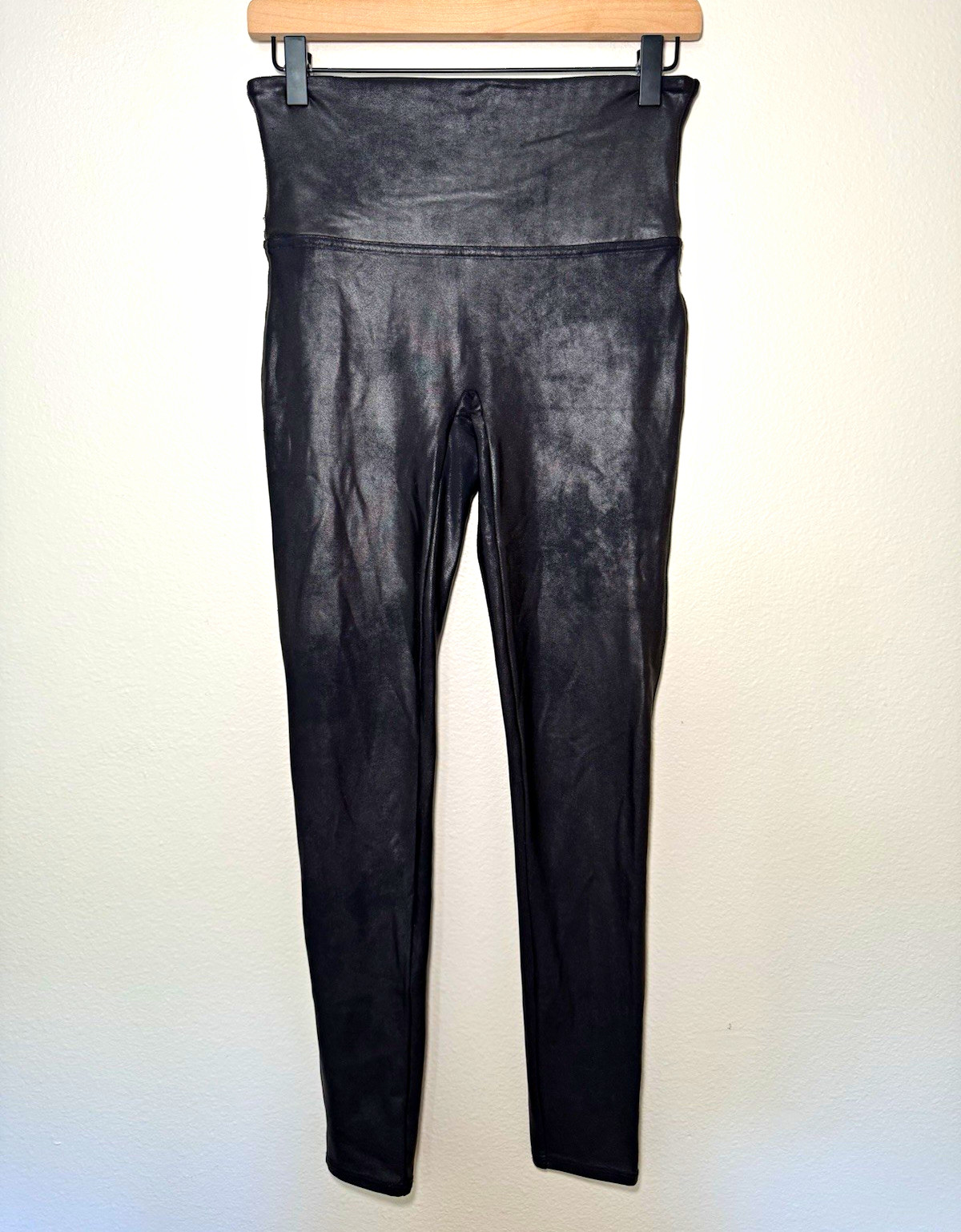 SPANX Faux Leather Leggings Women’s L Black High Rise Shaping Crackle Finish