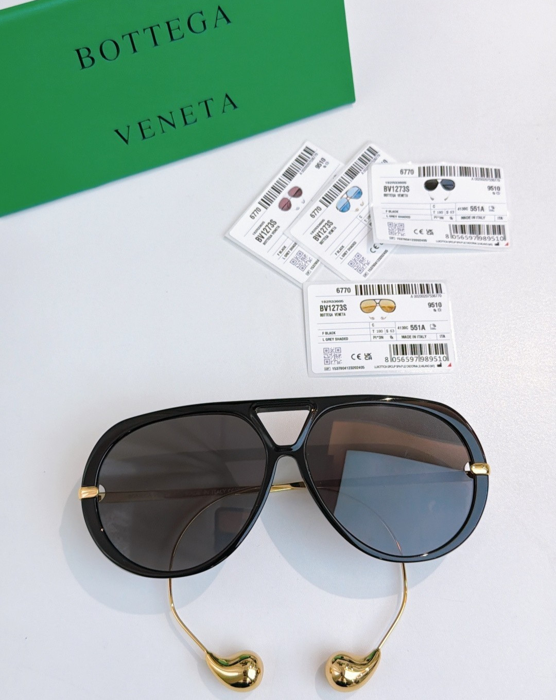 BOTTEGA VENETA BV1273S Black Gold / Smoke Gray Size 180 Sunglasses New w/ Case