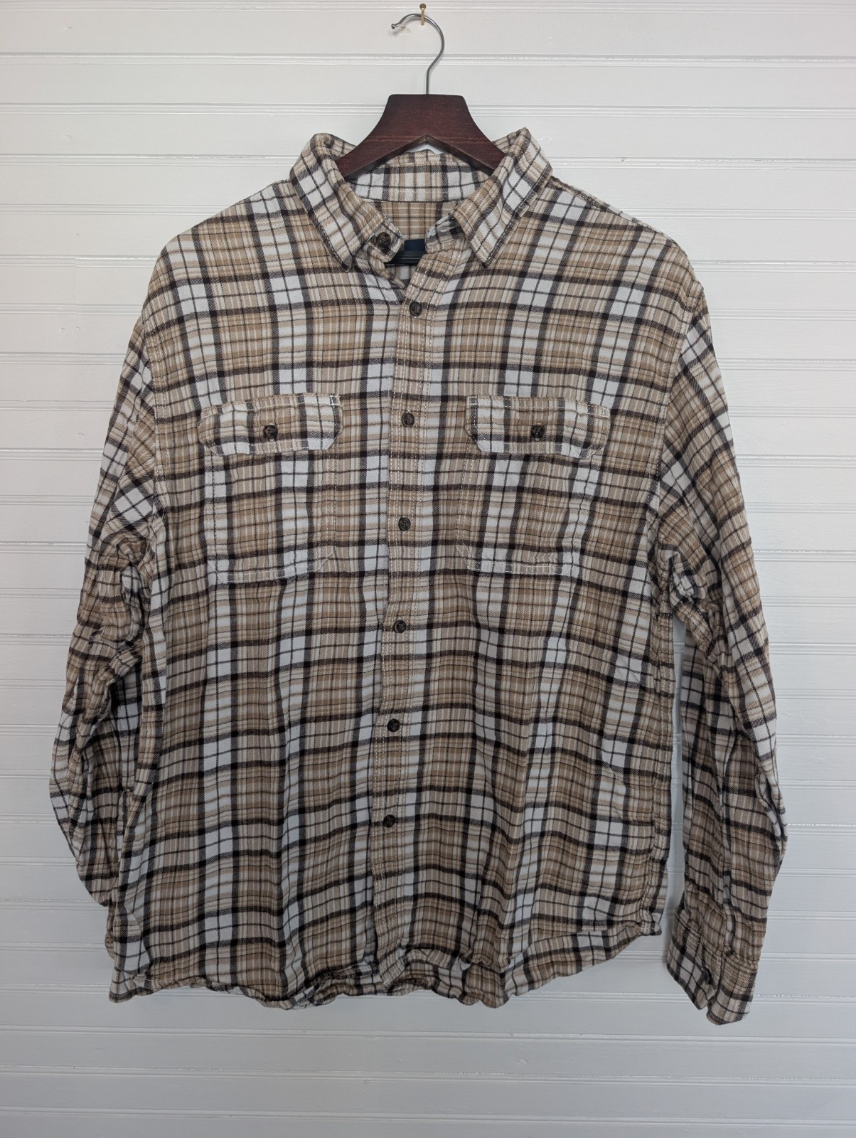 George Men’s Plaid Button-Up Shirt Long Sleeve Collared Pockets Brown M
