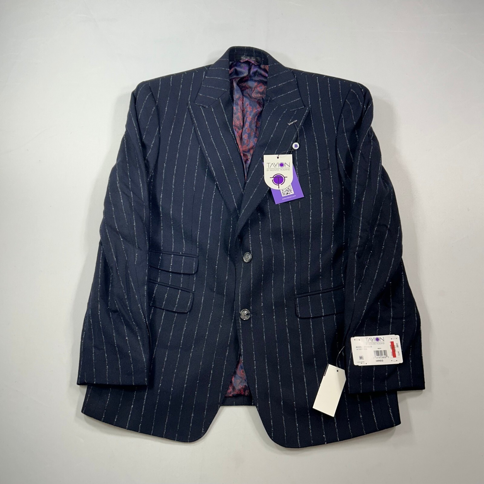 Tayion Collection Suit Jacket Mens 38R 38 Navy Blue Stripe Wool Stretch $425 NEW