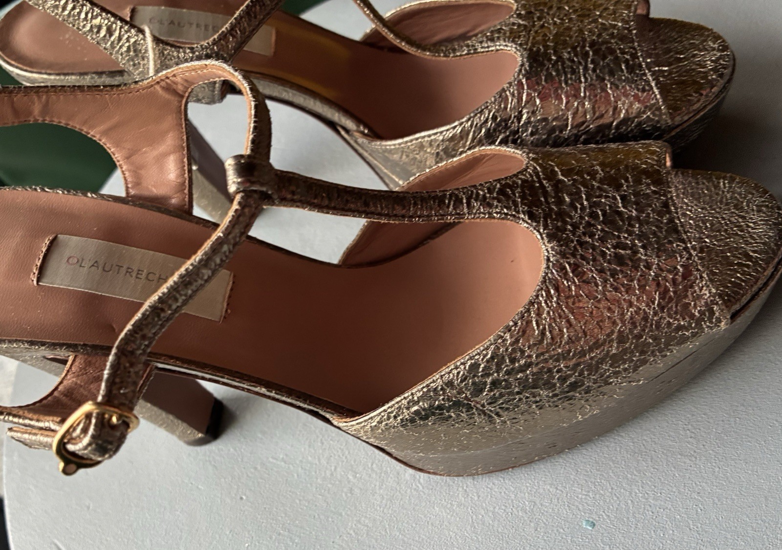 THE OTHER THING T-Strap High Heel Platform Sandal Bronze/Gold Cracklé Leather n.40
