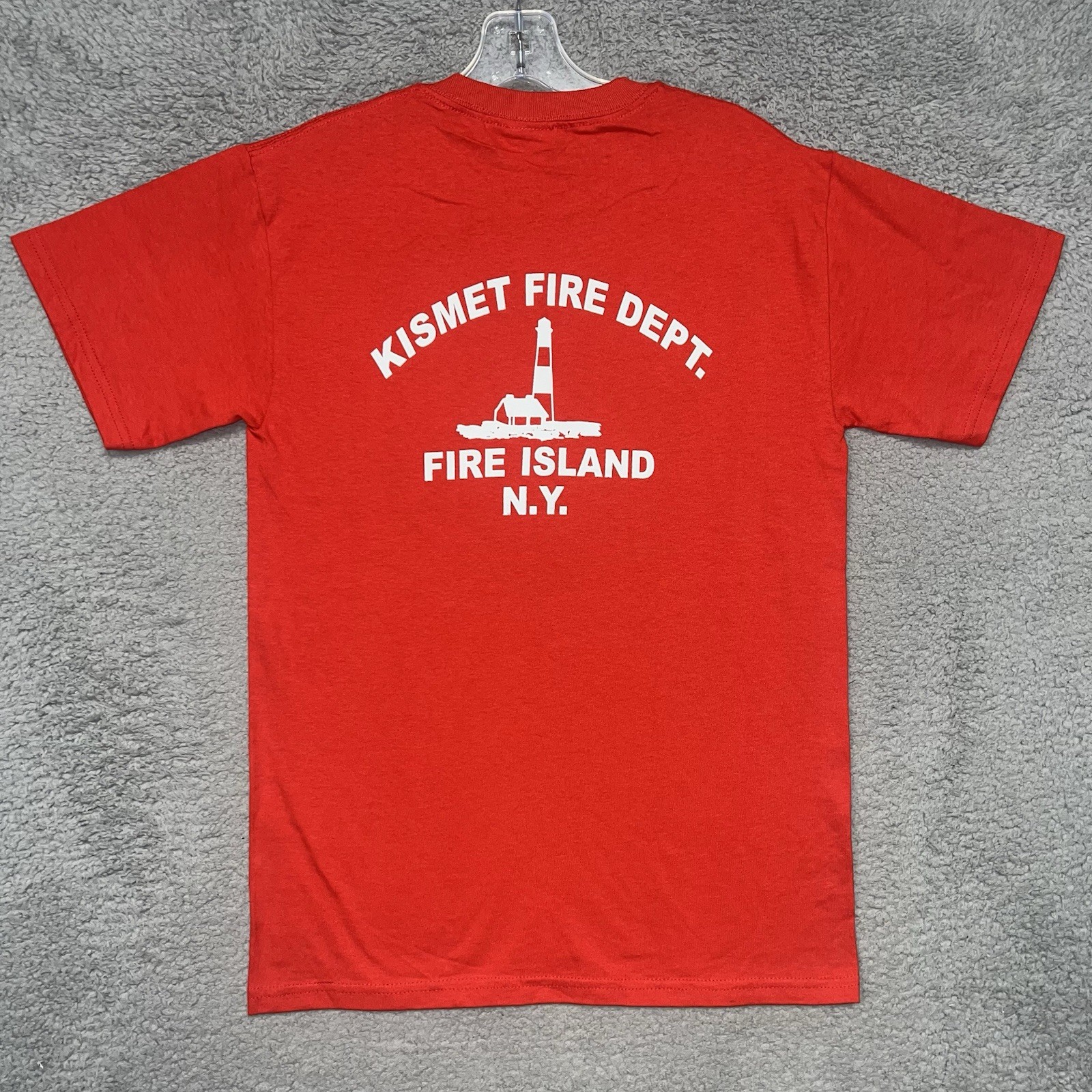 VTG Fire Island NY Fire Dept T Shirt Men’s Sz S Red Kismet Lighthouse 2-Side Tee