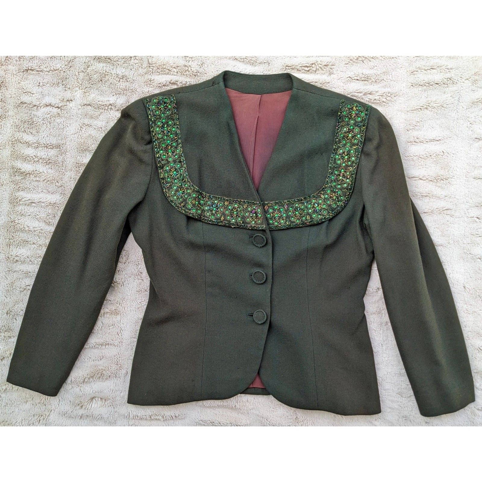 VTG 30s/40s Benham Original Beaded & Crystal Embellished Green Wool Jacket, Sz 8