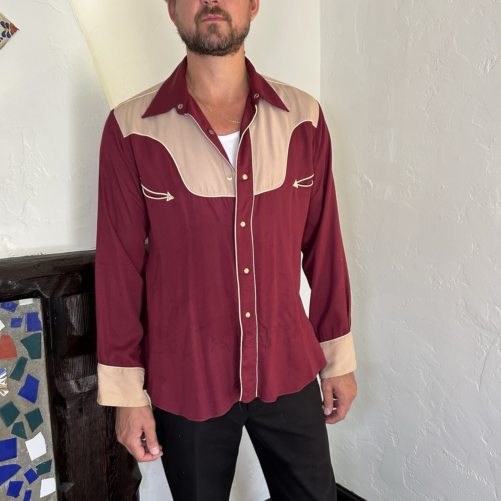 H bar C ranchwear two tone western cowboy rodeo long sleeve button Shirt