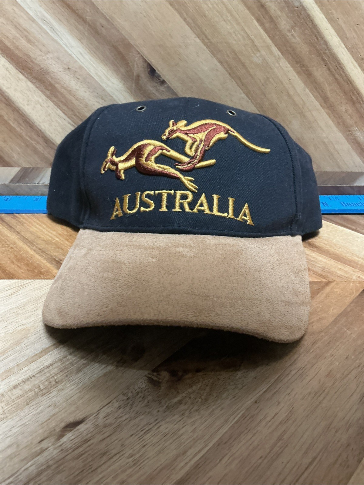 Australia Kangaroo Hat Cap Tan Bill Green Black Adjustable Made in AUS CLEAN