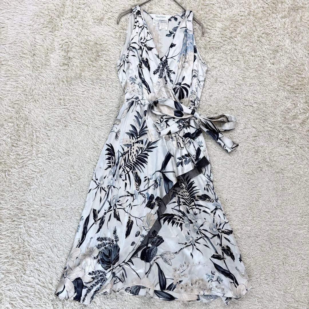 MaxMara Silk Floral Wrap Dress White Sleeveless Midi Size M Auth