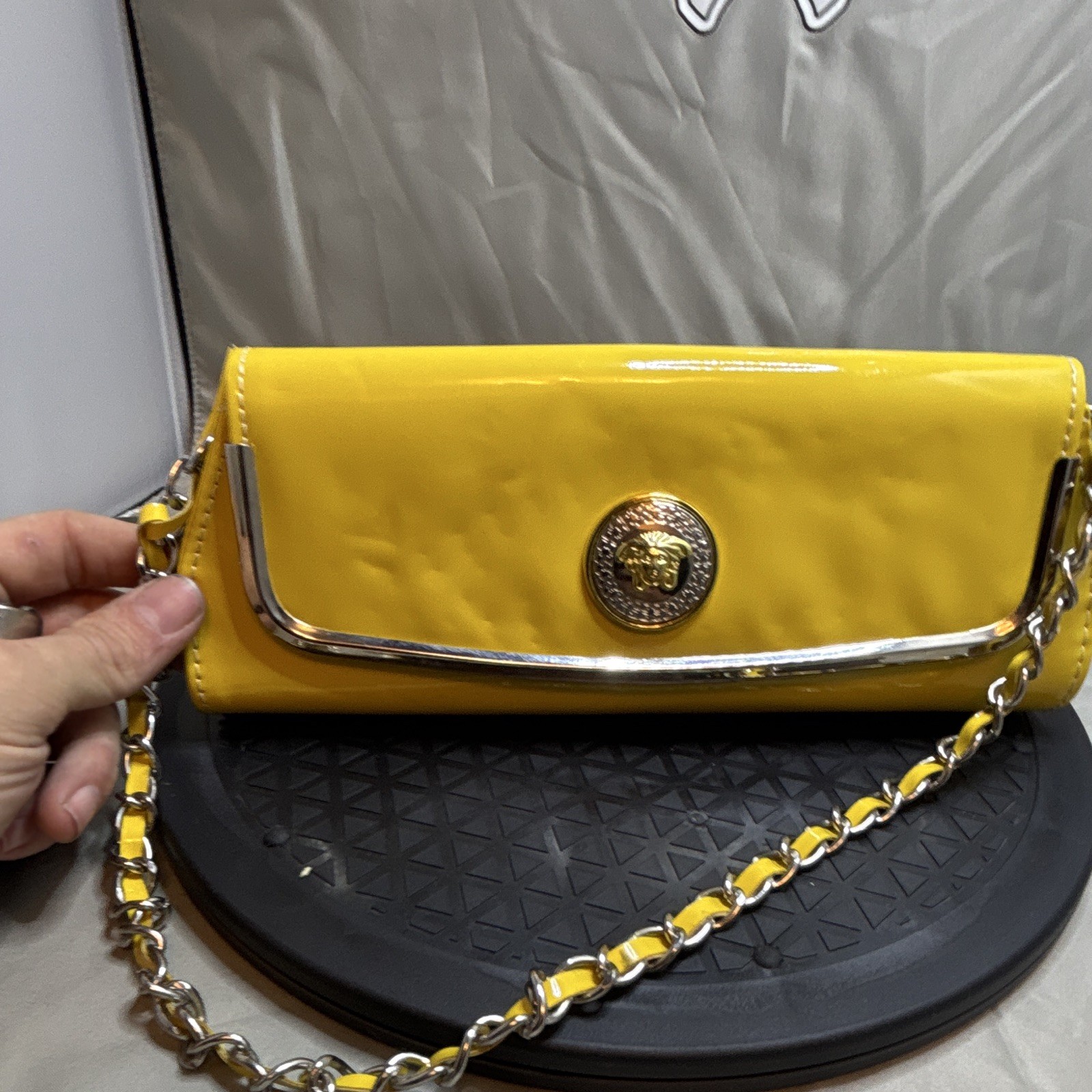 Yellow Patent Finish Clutch Shoulder Bag Chain Strap Magnetic Close Logo Accent