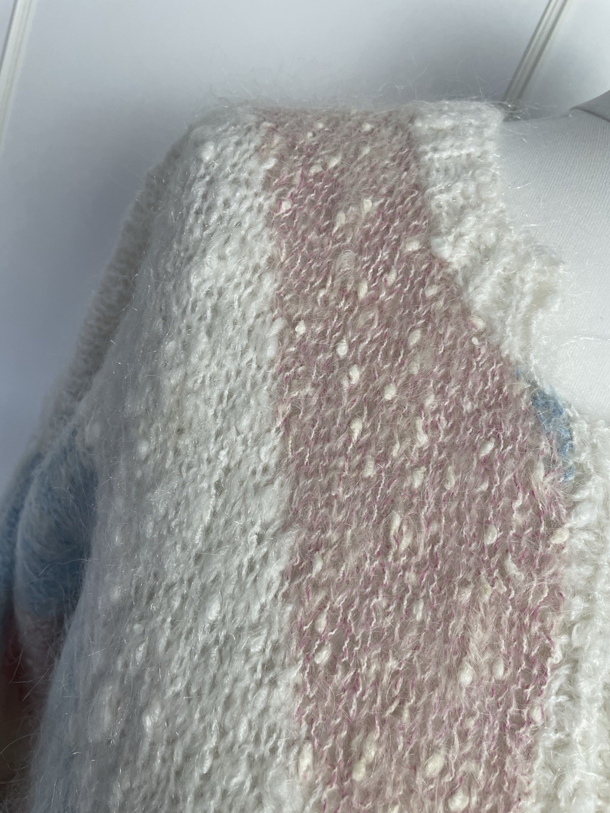 Hand Knitted Women’s Cardigan Size UK 12 Ivory Pink Blue Cottagecore Knit