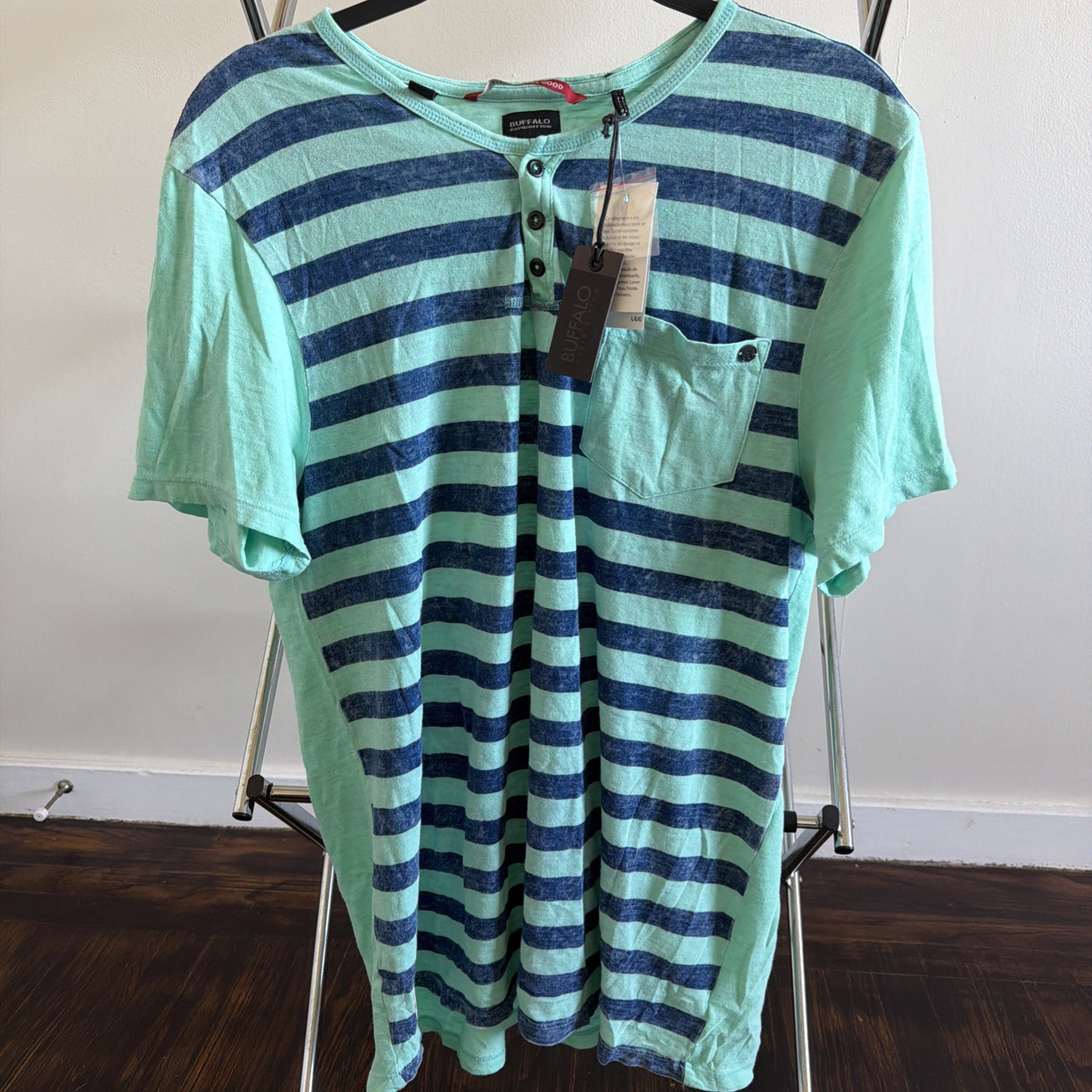 Buffalo David Bitton Men’s L Henley Shirt Mint Blue Striped NWT Tags